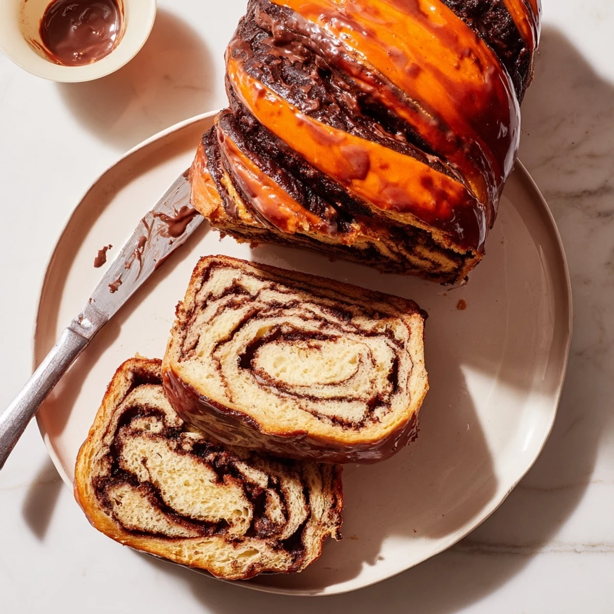 Sliced orange glazed chocolate babka revealing tender layers and chocolate swirls inside