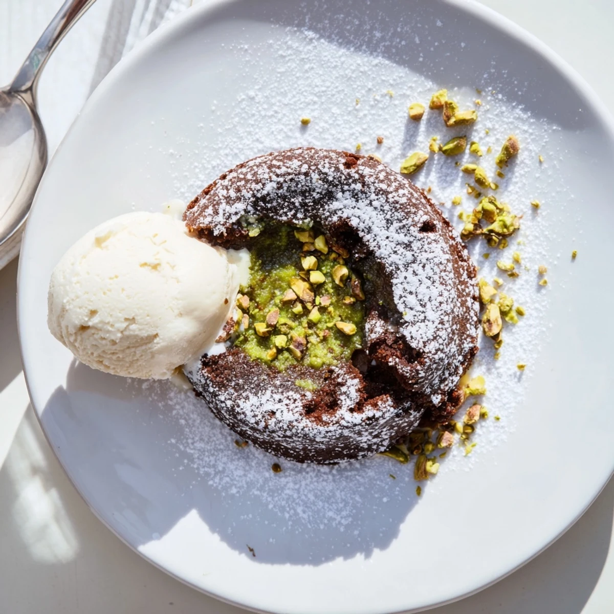 Warm pistachio chocolate lava cakes with molten centers flowing onto a white plate