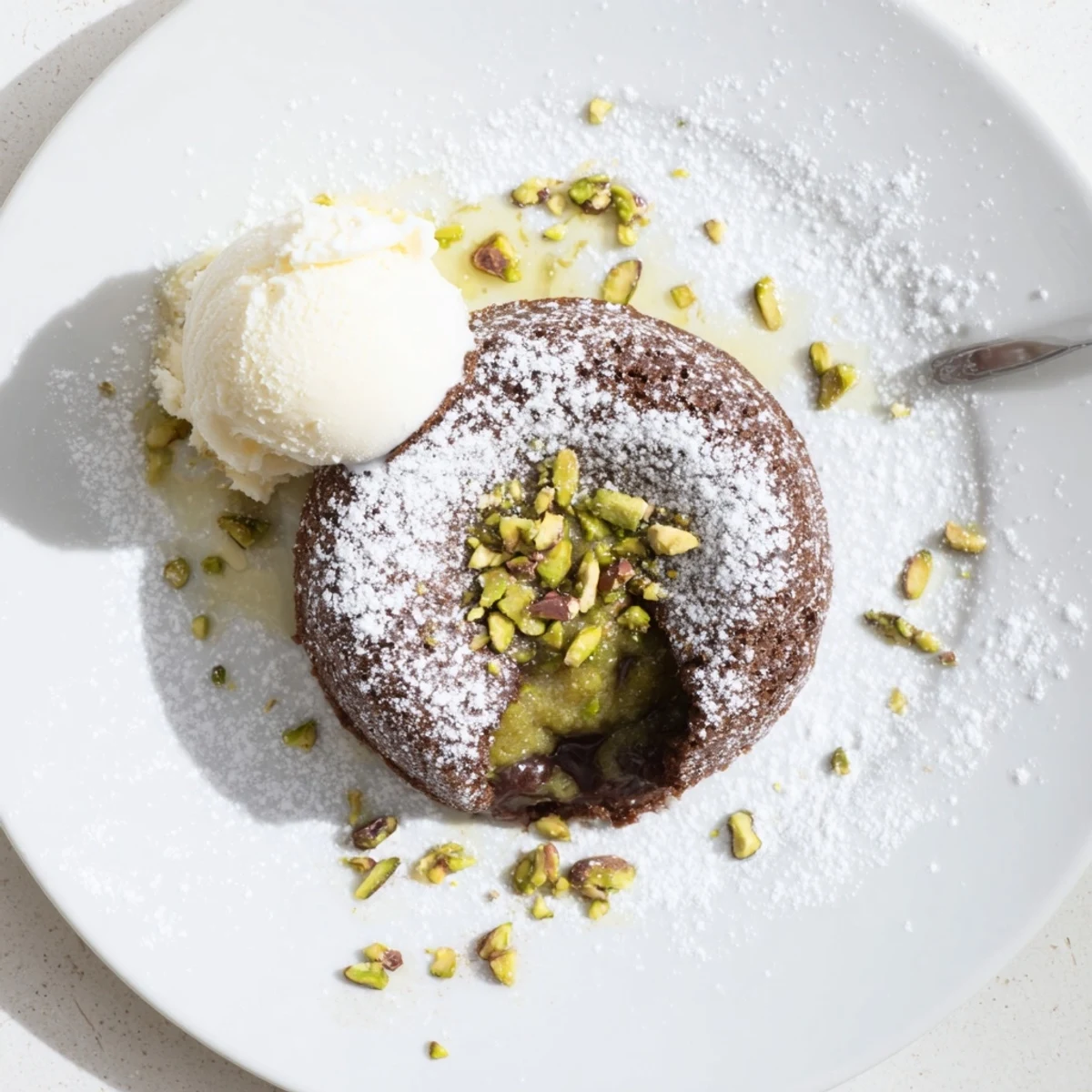 Gooey molten chocolate pistachio lava cakes dusted with powdered sugar and chopped pistachios