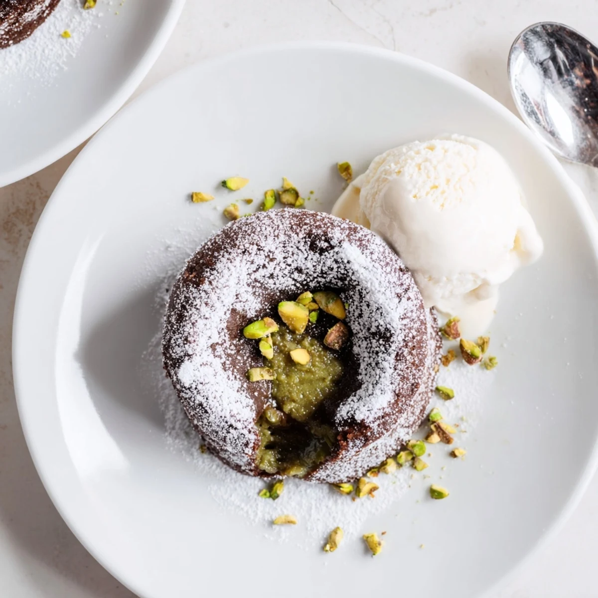 Individual ramekins of pistachio chocolate lava cakes with rich liquid centers poured onto plates