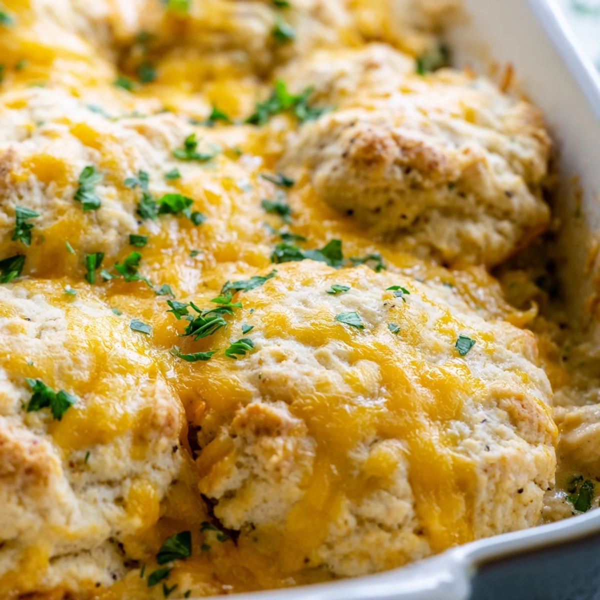 Golden Cheddar Bay chicken cobbler with fluffy herb biscuits bubbling over creamy vegetable filling
