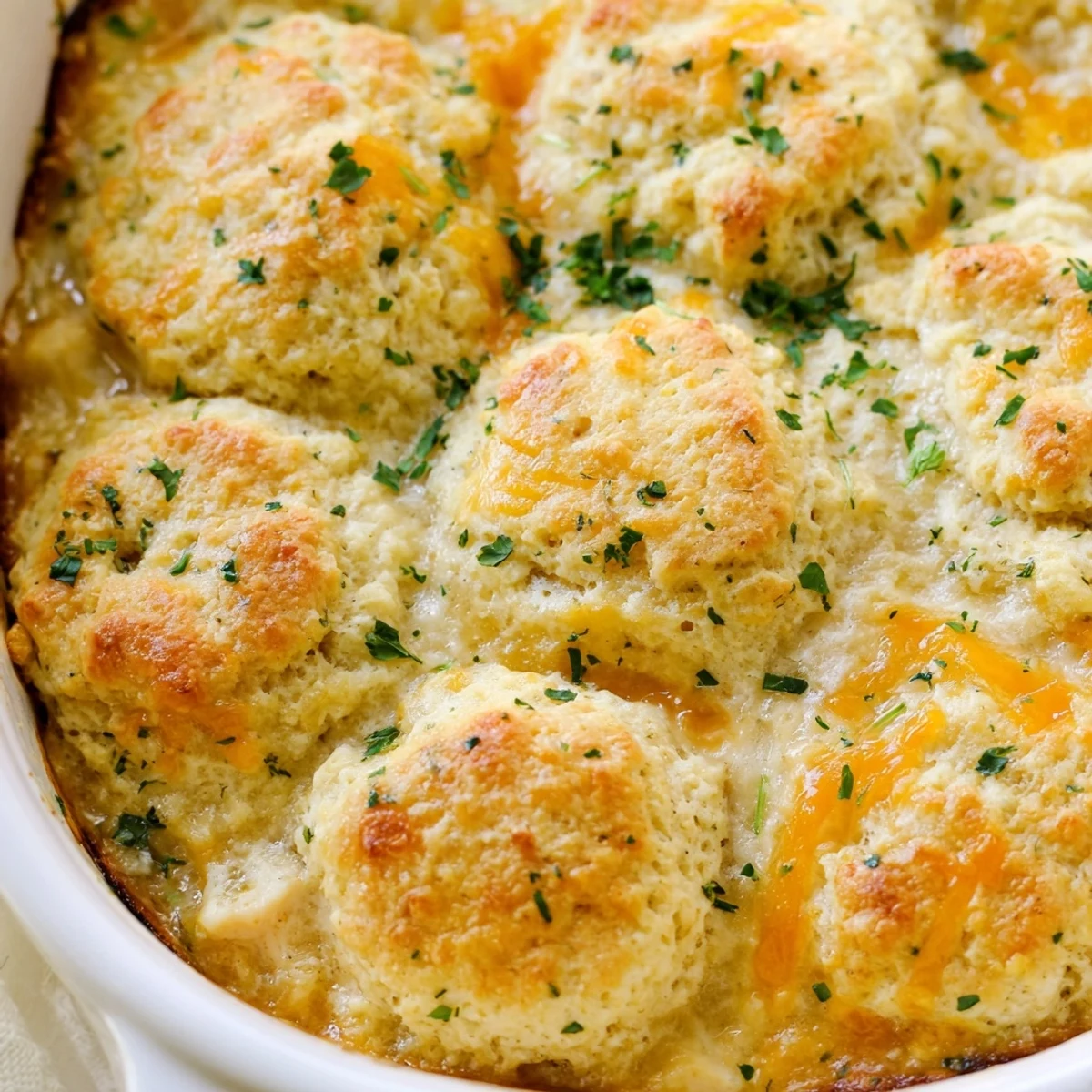 Savory chicken and vegetable casserole topped with melted cheddar biscuits fresh from the oven