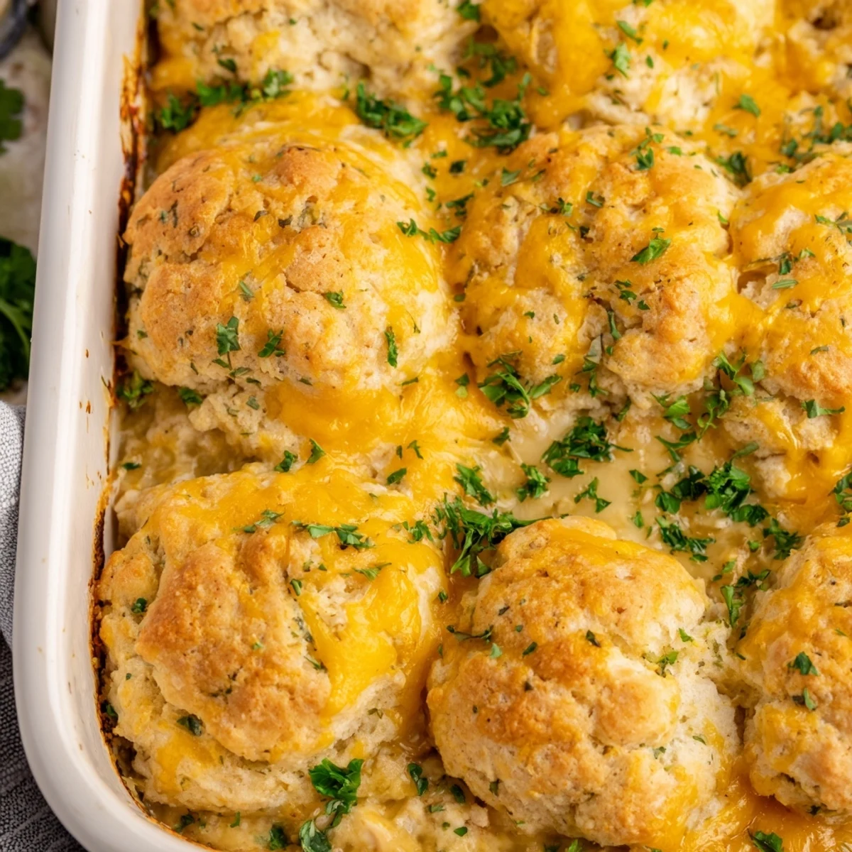 Comfort food casserole featuring tender chicken in cream sauce under golden garlic cheddar crust