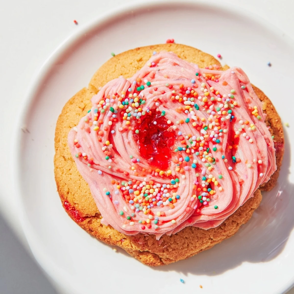 Golden strawberry Pop Tart cookies with pink glaze and colorful sprinkles on white plate