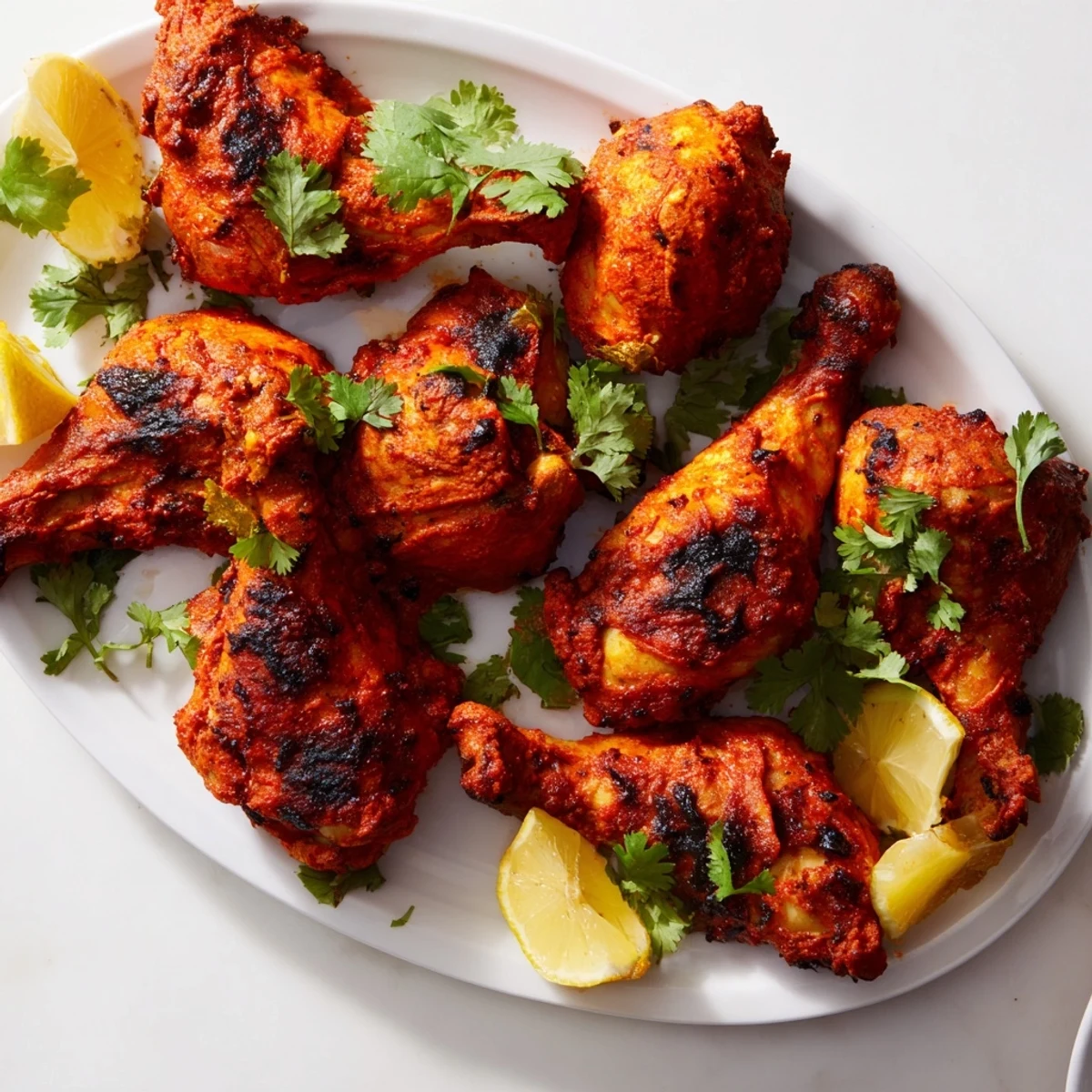 Golden Tandoori Chicken pieces roasted to smoky perfection with vibrant red spiced yogurt marinade