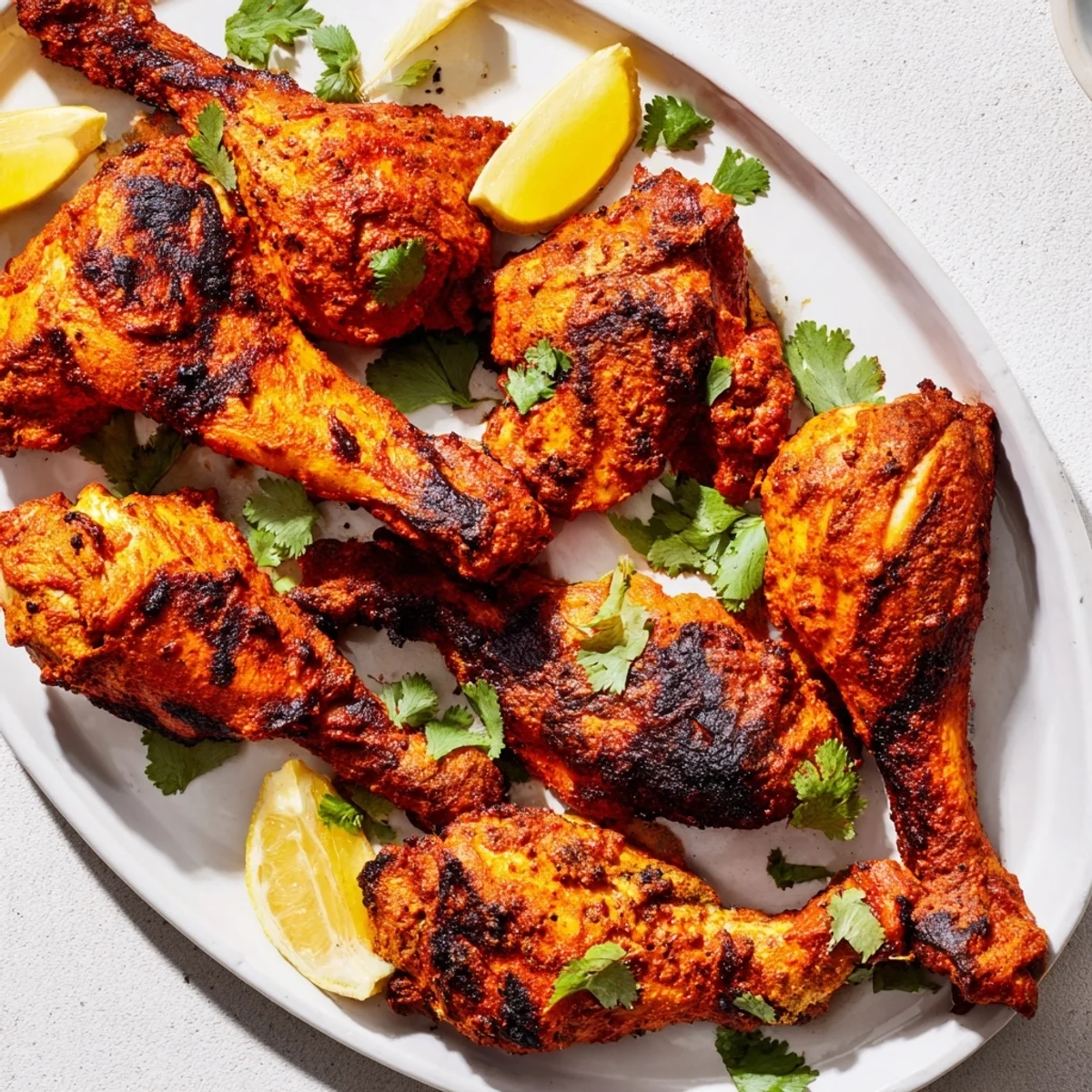Tandoori Chicken arranged on a serving rack showing charred edges and aromatic spice coating