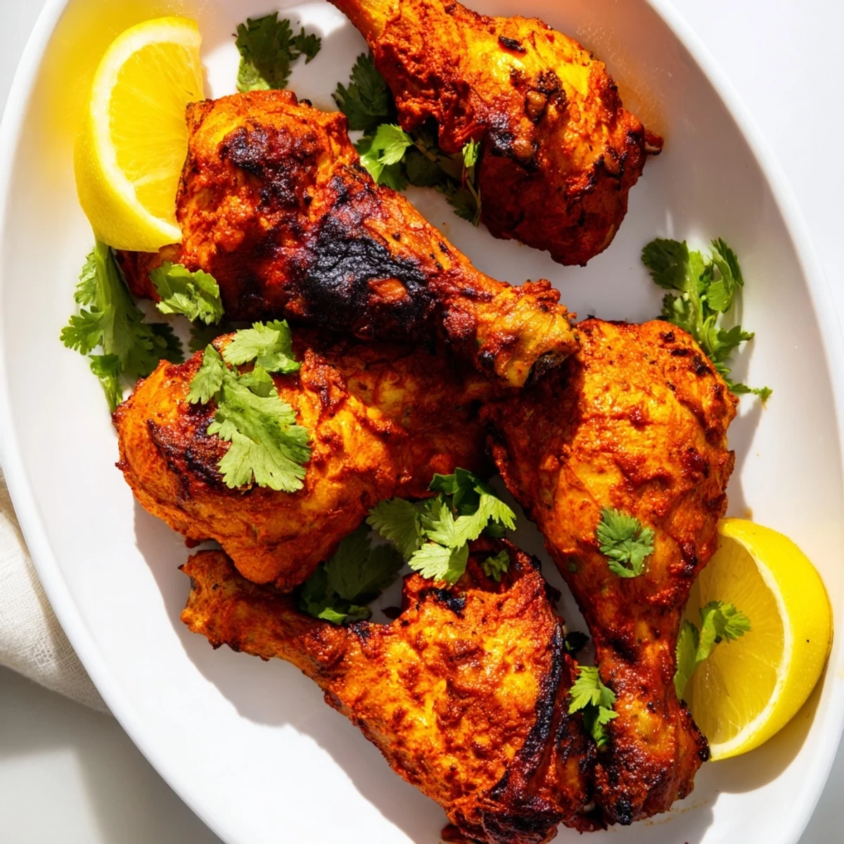 Succulent Tandoori Chicken thighs fresh from the oven garnished with cilantro and lemon wedges