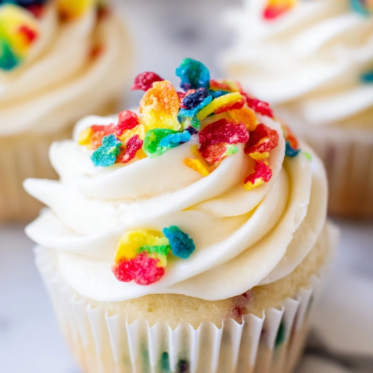 Vibrant Fruity Pebbles cereal frosting piped onto a chocolate cupcake with colorful cereal sprinkles on top