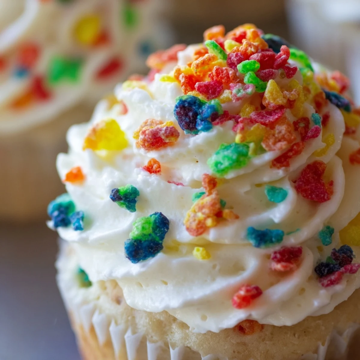 Close-up of fluffy American dessert frosting swirled with rainbow Fruity Pebbles for a crunchy sweet topping