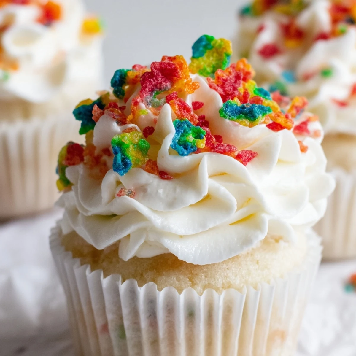 Thick buttercream frosting mixed with crunchy Fruity Pebbles cereal garnish on a vanilla cake slice