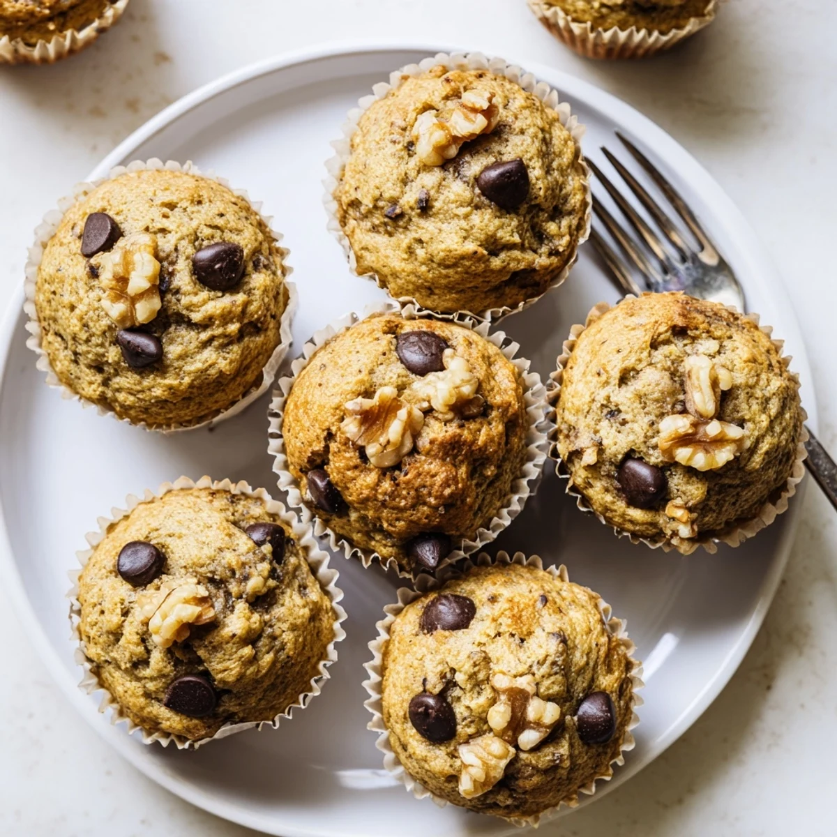 Golden butternut squash banana muffins topped with walnuts on a wire cooling rack
