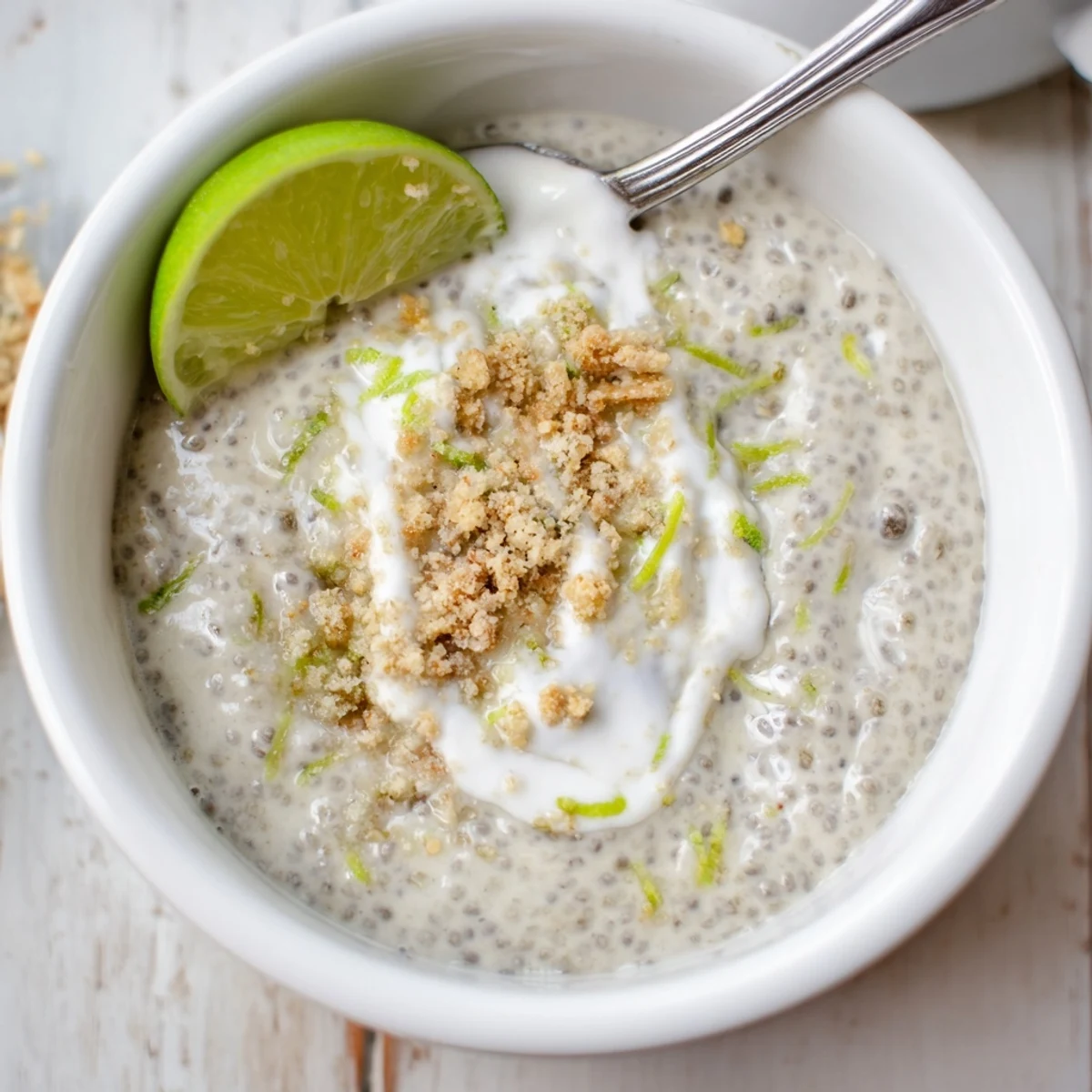 Chilled Key Lime Chia Pudding with speckled chia seeds and tart lime aroma