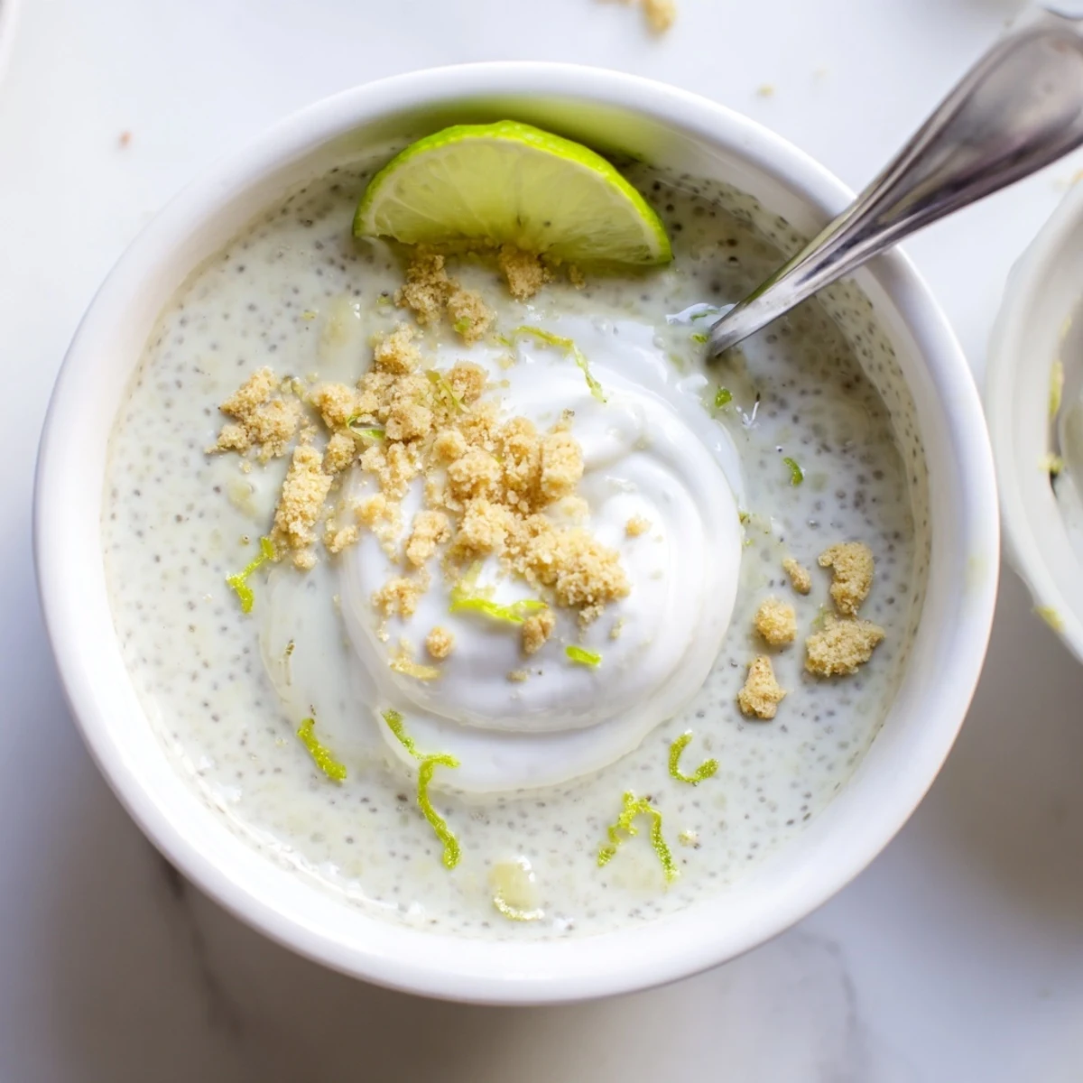 Creamy Key Lime Chia Pudding topped with coconut yogurt and graham cracker crumbs
