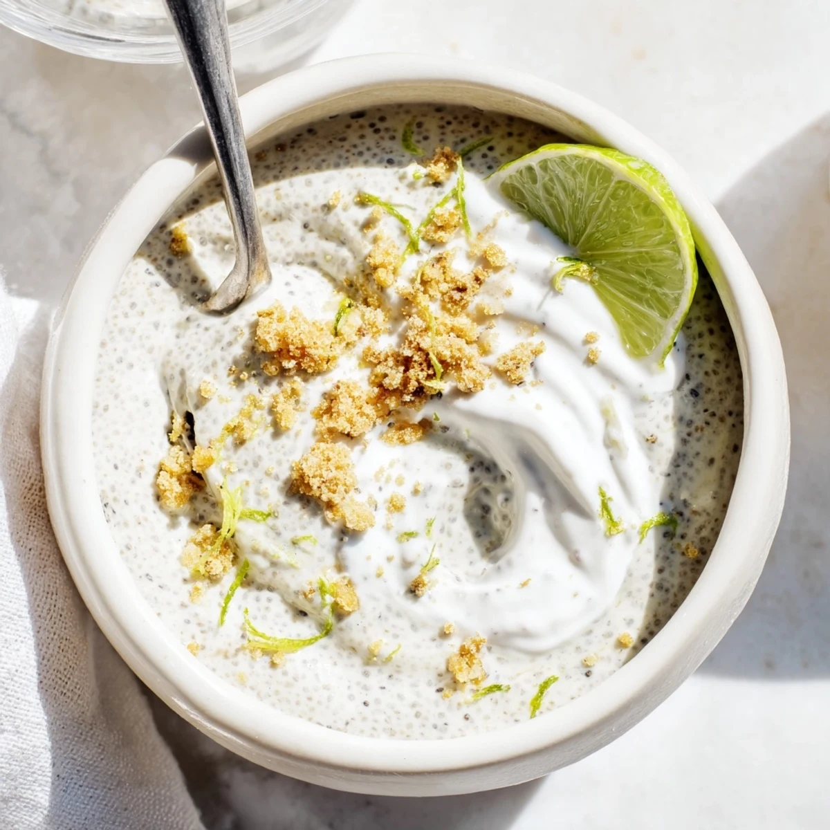 Individual Key Lime Chia Pudding cups garnished with fresh lime slices, bright tang