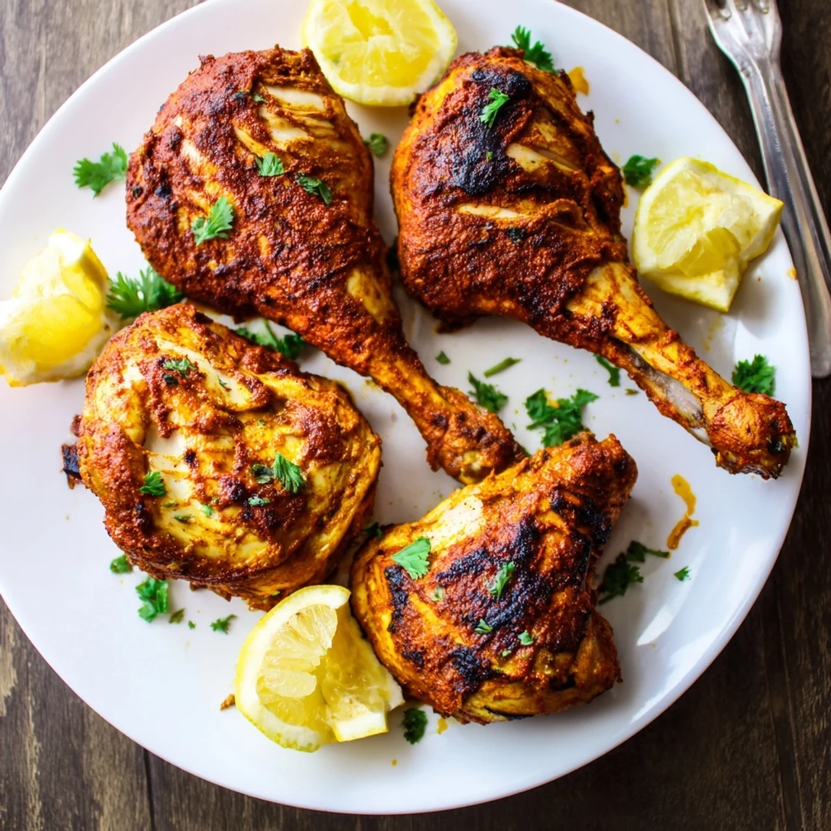 Tandoori Chicken seared with charred edges, smoky aroma, lemon wedges.