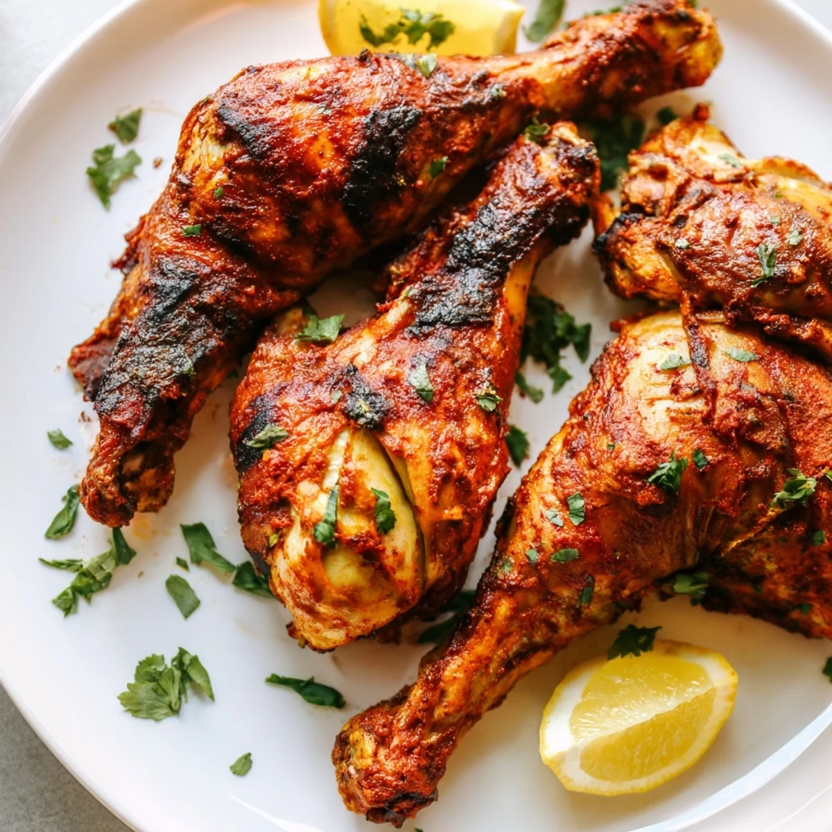 Oven-roasted Tandoori Chicken resting on wire rack, cilantro garnish, steaming.