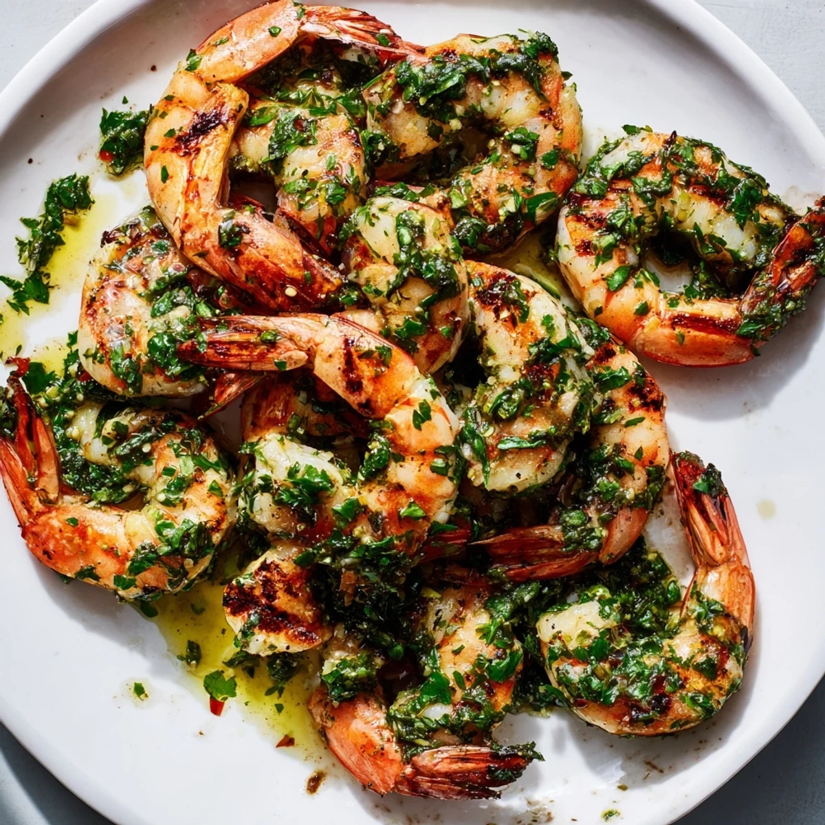 Sizzling chimichurri shrimp glazed in vibrant green herb sauce on a grill pan