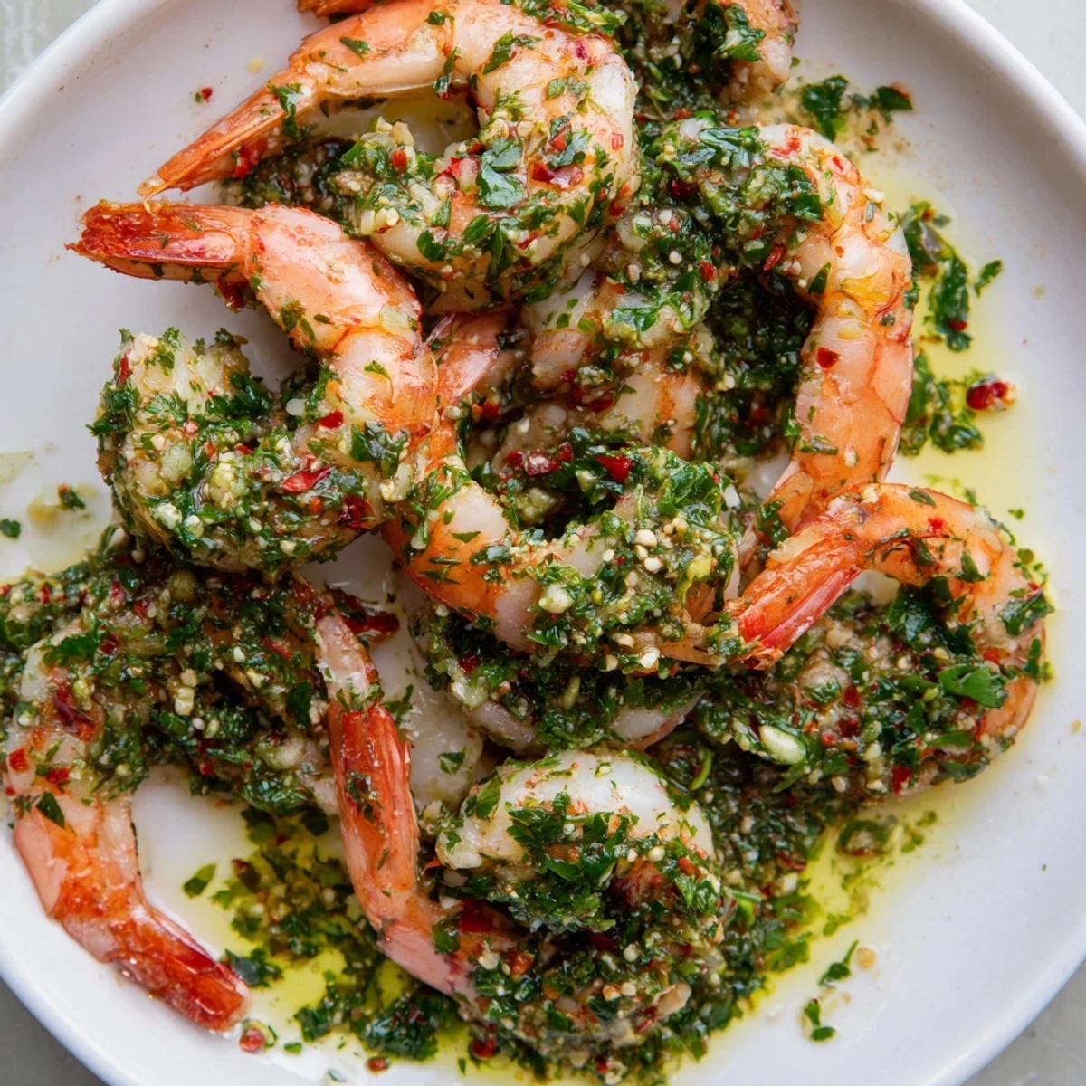 Golden chimichurri shrimp topped with fresh parsley and served with lemon wedges