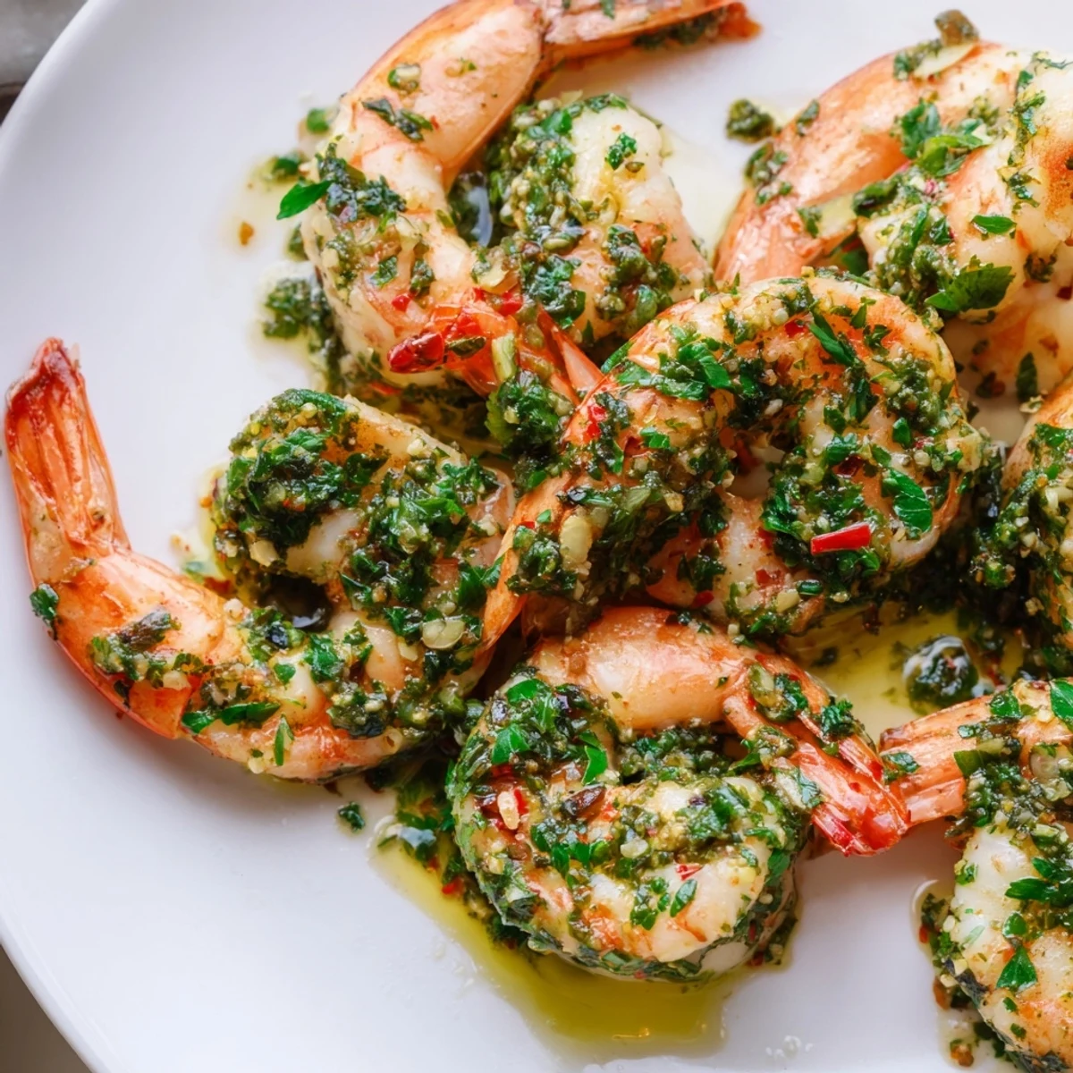 Close-up of chimichurri shrimp drizzled in tangy garlic herb marinade on a rustic plate
