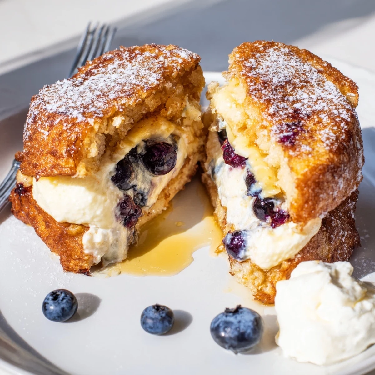 Golden brown blueberry cheesecake stuffed French toast dusted with powdered sugar on a plate