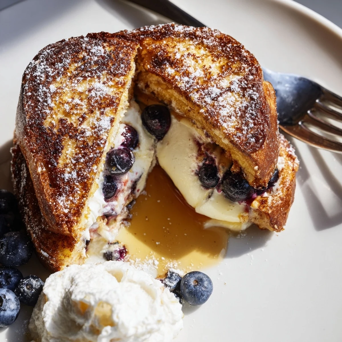 Crispy blueberry cheesecake stuffed French toast drizzled with maple syrup and topped with whipped cream