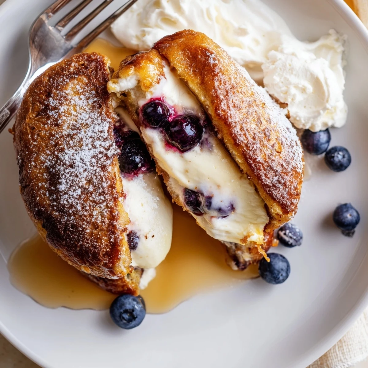 Thick brioche blueberry cheesecake stuffed French toast oozing creamy filling with fresh berries