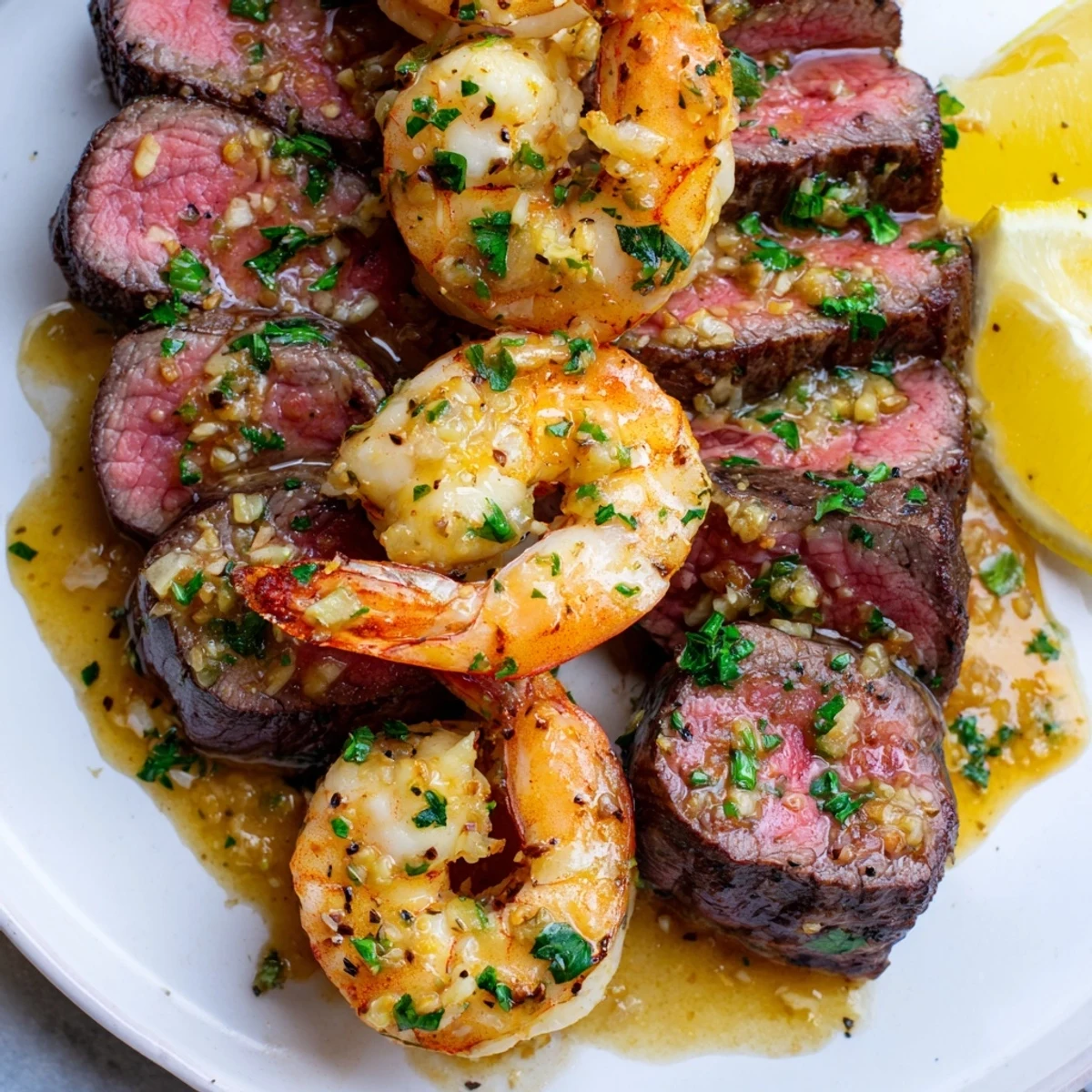 Juicy seared steak and garlic butter shrimp sizzling in a cast iron skillet