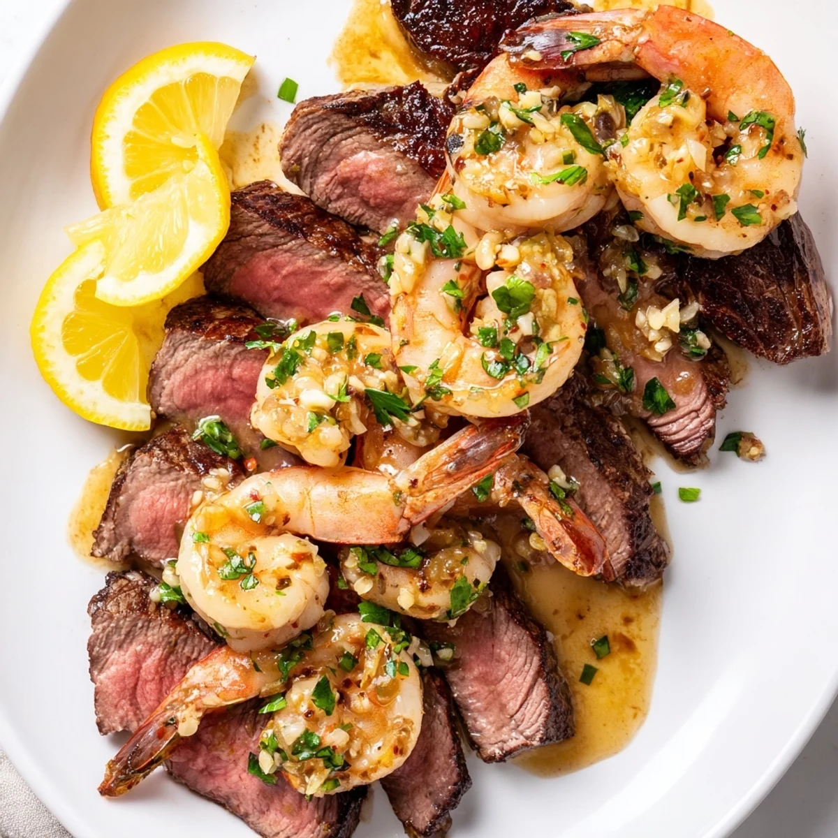 Golden pan-seared steak and garlic butter shrimp plated with lemon wedges for a special dinner