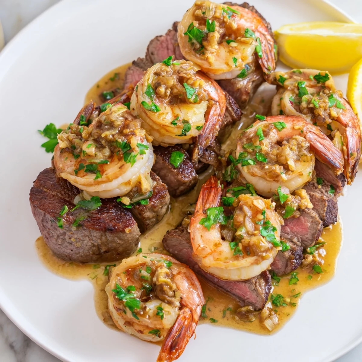 Tender garlic butter shrimp draped over perfectly cooked steak with fresh parsley garnish