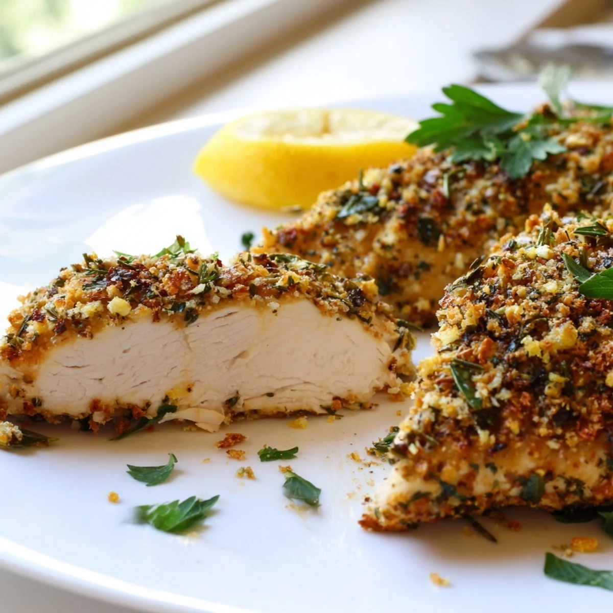 Golden savory garlic herb chicken roasted with fresh rosemary and thyme on a rustic baking sheet.