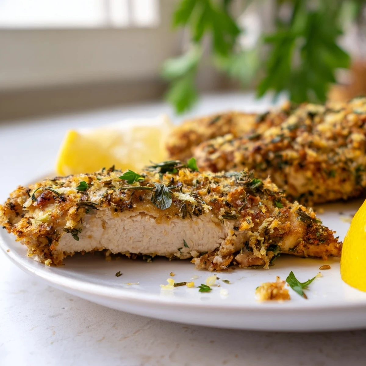 Juicy savory garlic herb chicken sliced open revealing tender meat with garlic herb oil drippings.