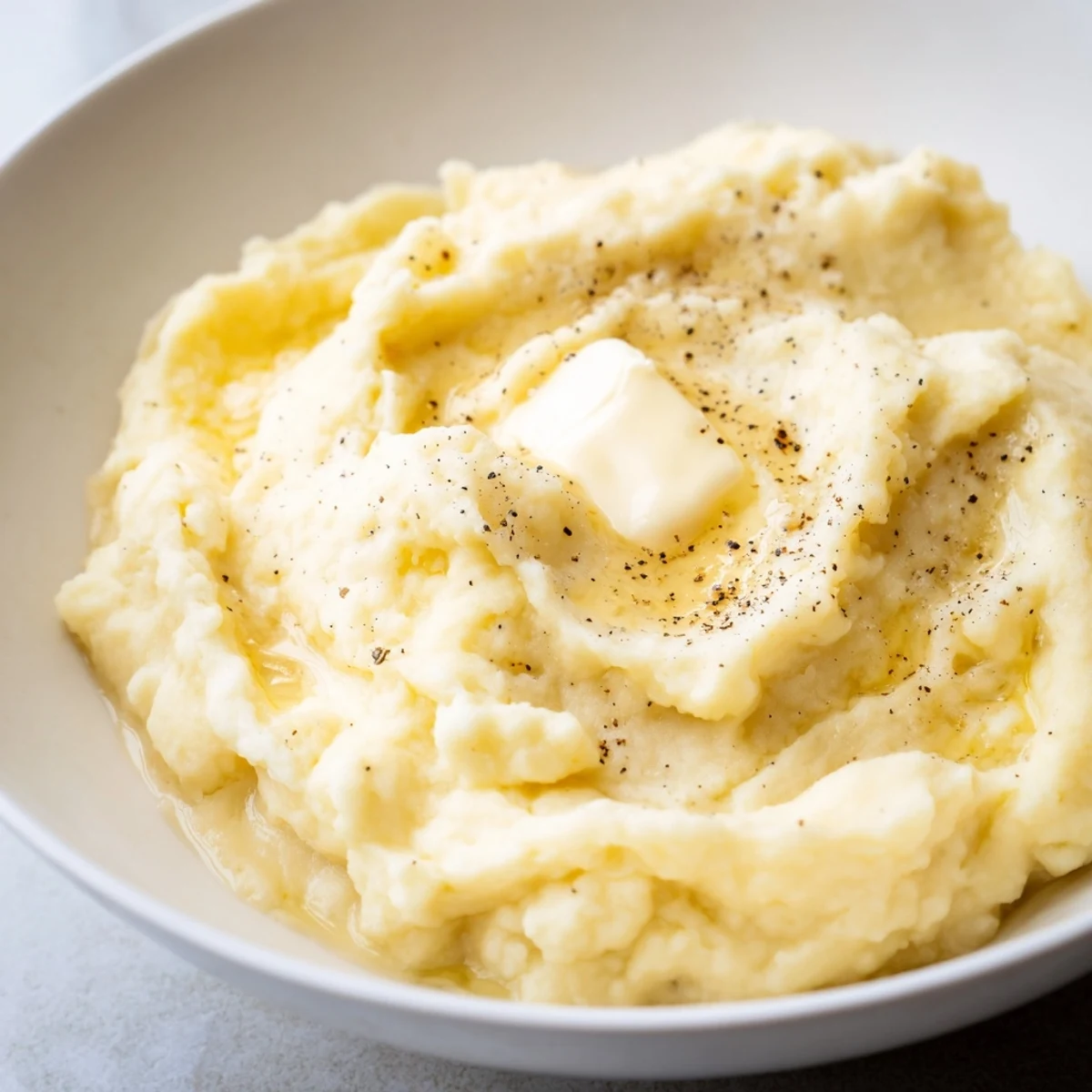 Creamy velvety mashed potatoes swirled with melted butter in a warm serving bowl