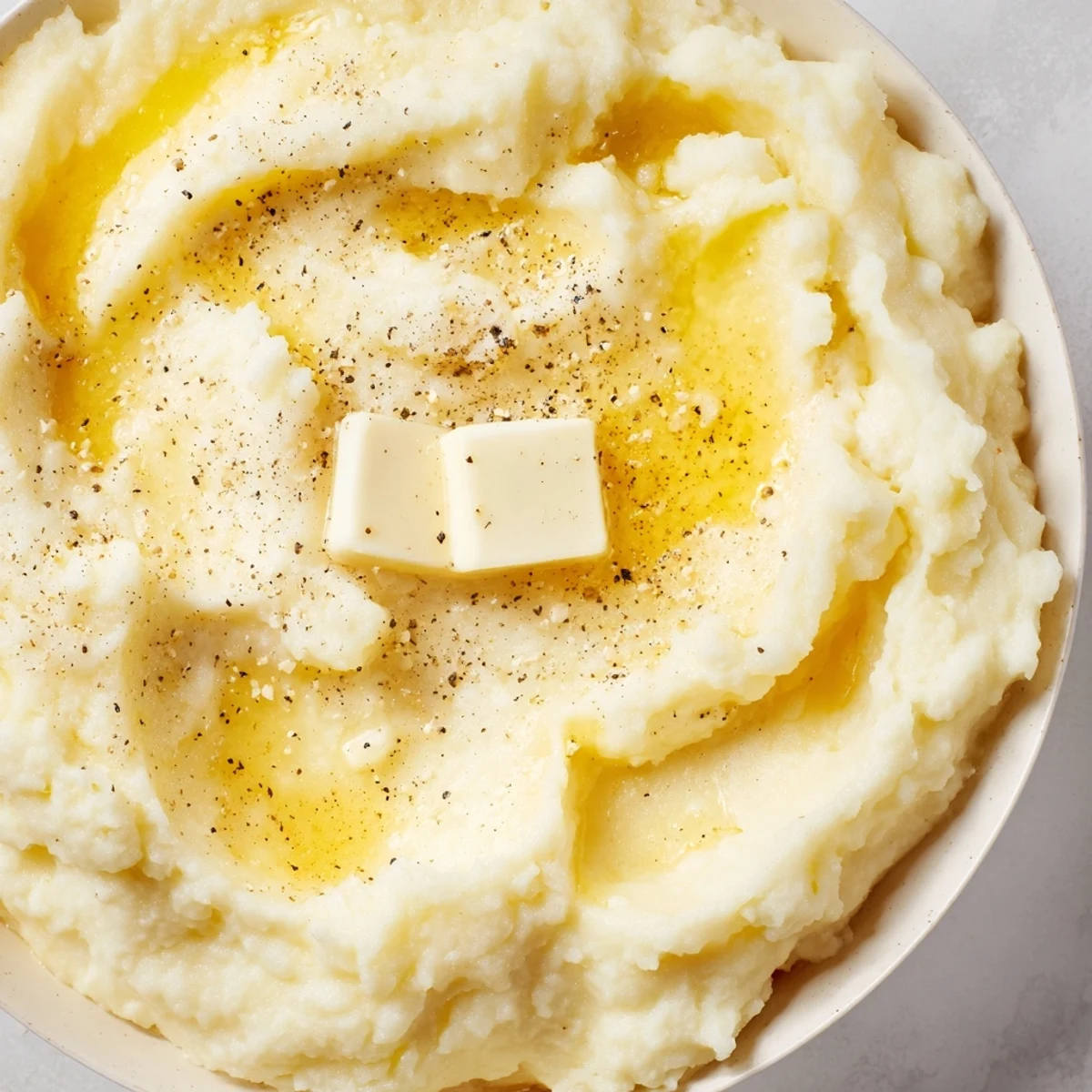 Silky velvety mashed potatoes cascading off a spoon beside roasted holiday turkey