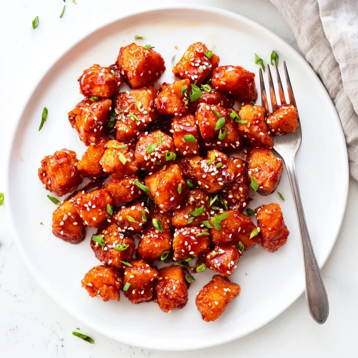 Tender caramelized hot honey salmon bites served in lettuce cups with a glossy, fiery sauce