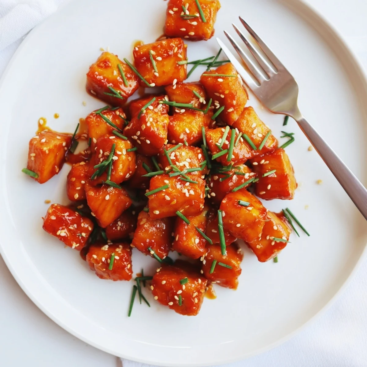Golden hot honey salmon bites drizzled with sauce and sprinkled with sesame seeds and chives