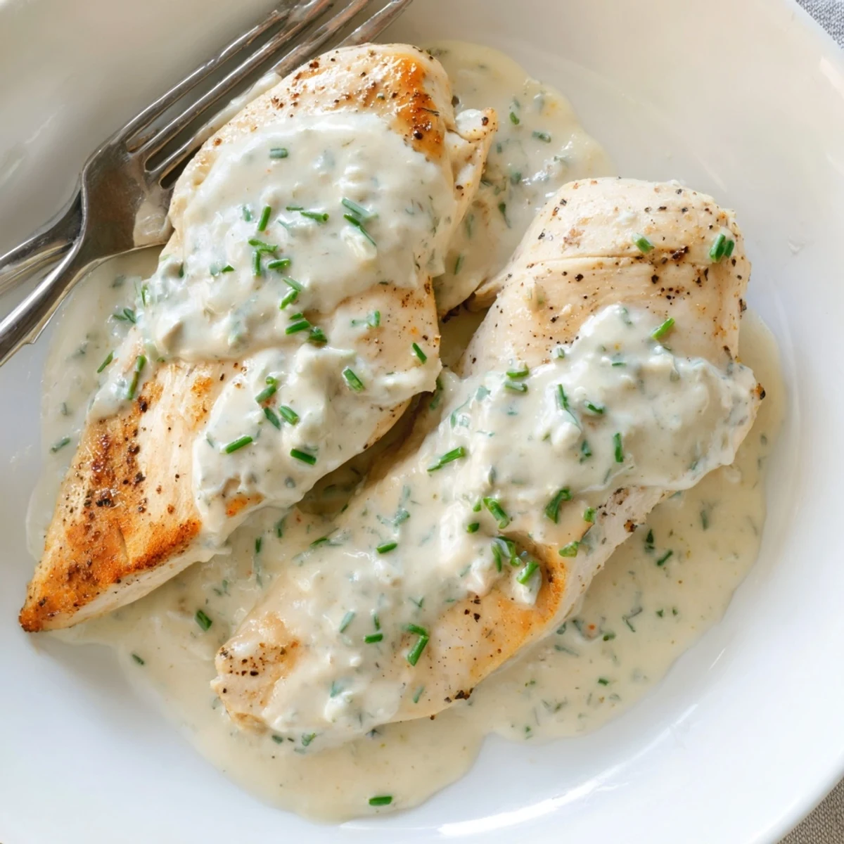 Golden seared chicken breasts nestled in a creamy Boursin sauce with garlic and fine herbs
