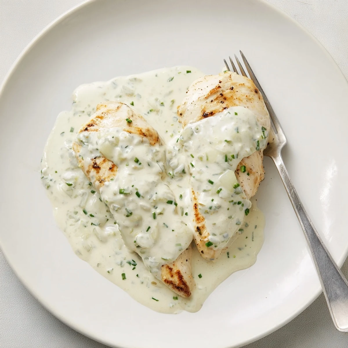 Tender chicken with Boursin sauce topped with fresh chives in a rustic cast iron skillet