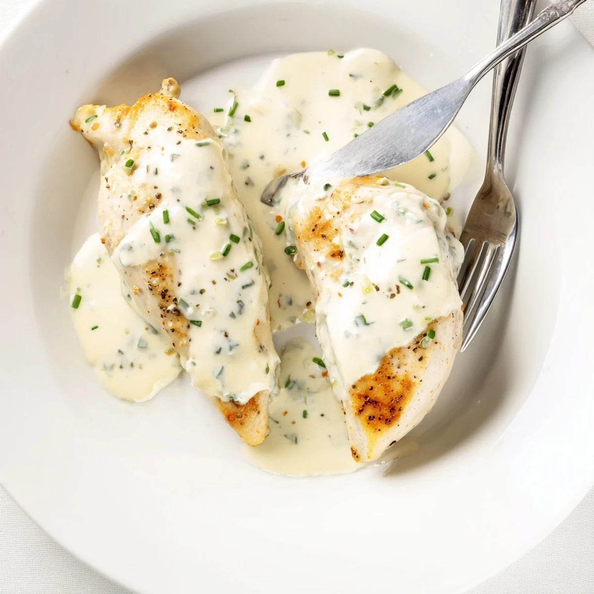 Juicy pan-seared chicken smothered in rich garlic and herb Boursin cheese sauce on a plate