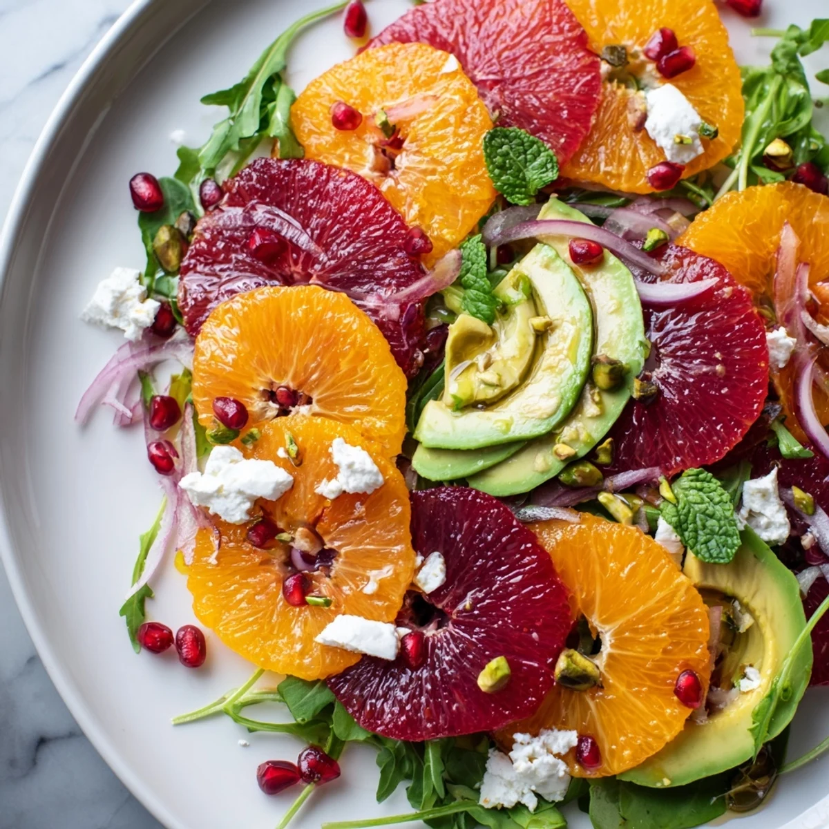 Colorful citrus salad with pomegranate seeds, avocado, and feta on a rustic platter