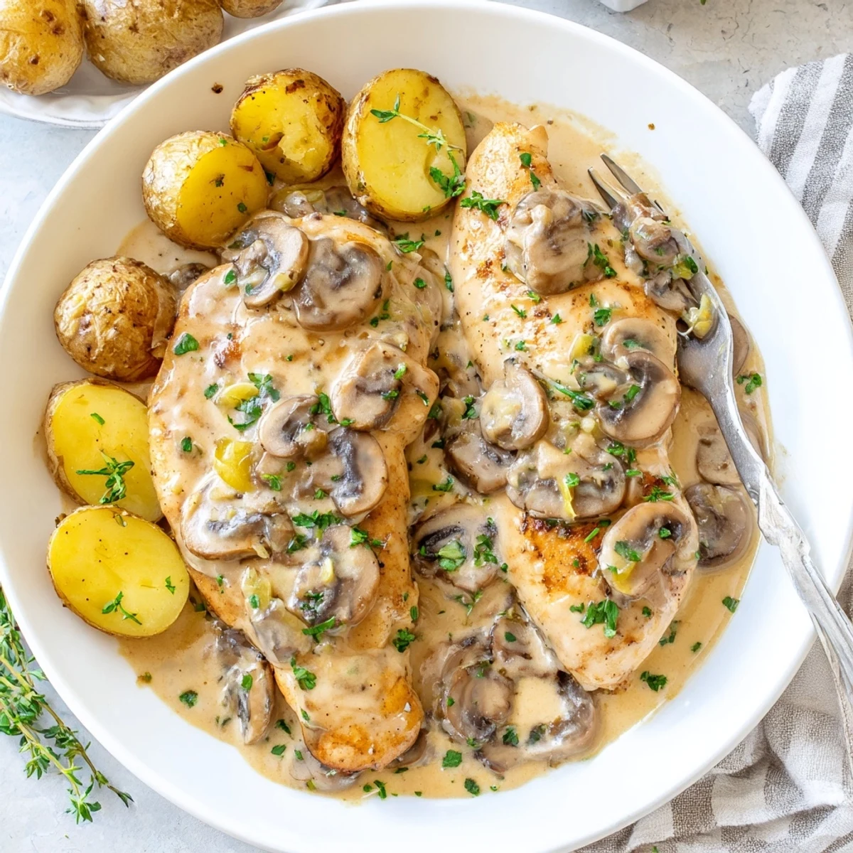 Creamy mushroom chicken topped with fresh thyme beside golden crispy herb potatoes