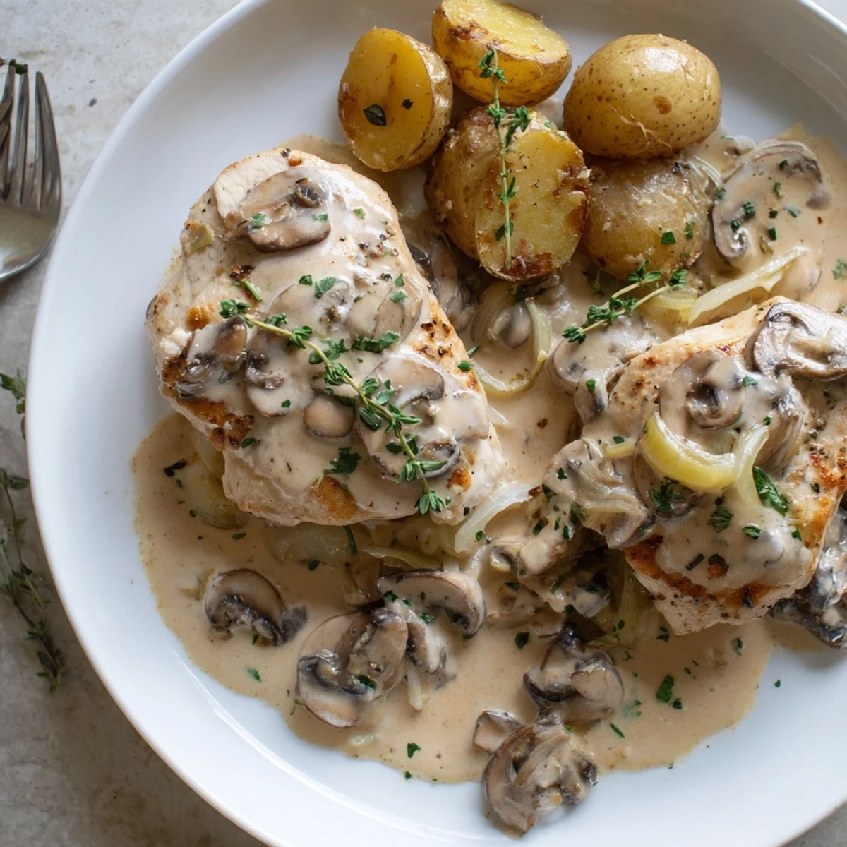 Juicy seared chicken smothered in velvety mushroom sauce with roasted crispy potatoes