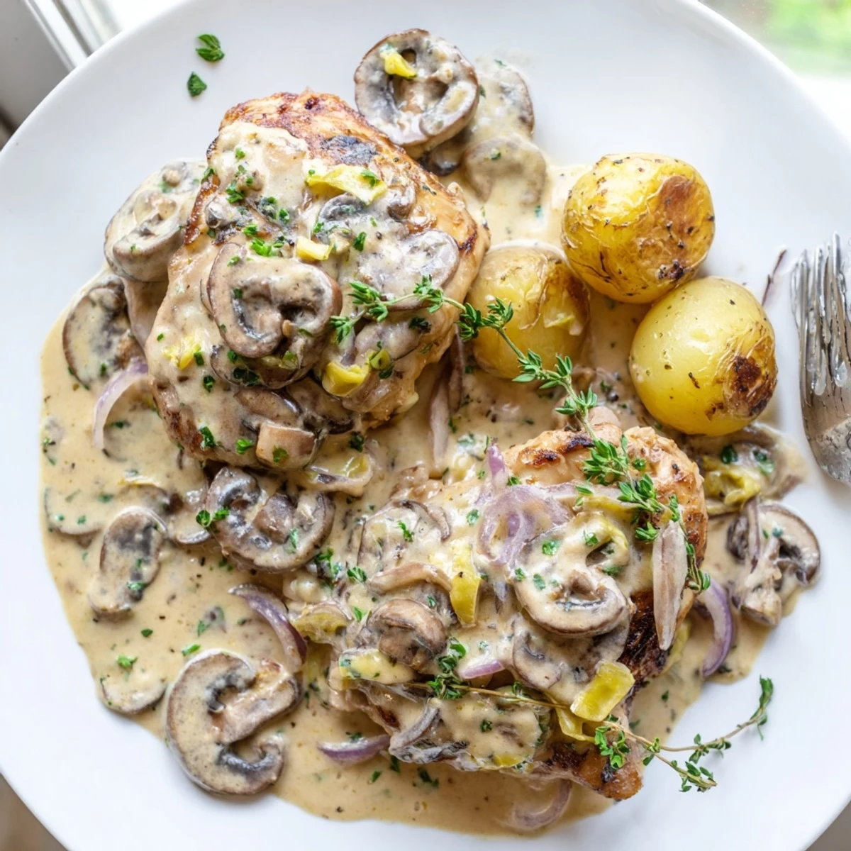 Creamy Mushroom Chicken Herb Potatoes