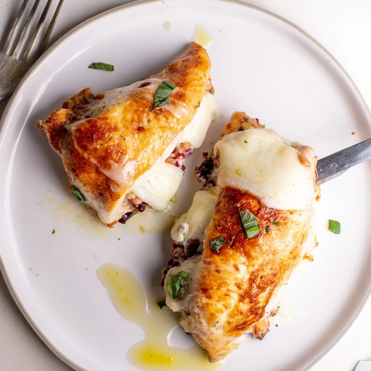 Golden baked blackberry jalapeno stuffed chicken oozing with melted goat cheese