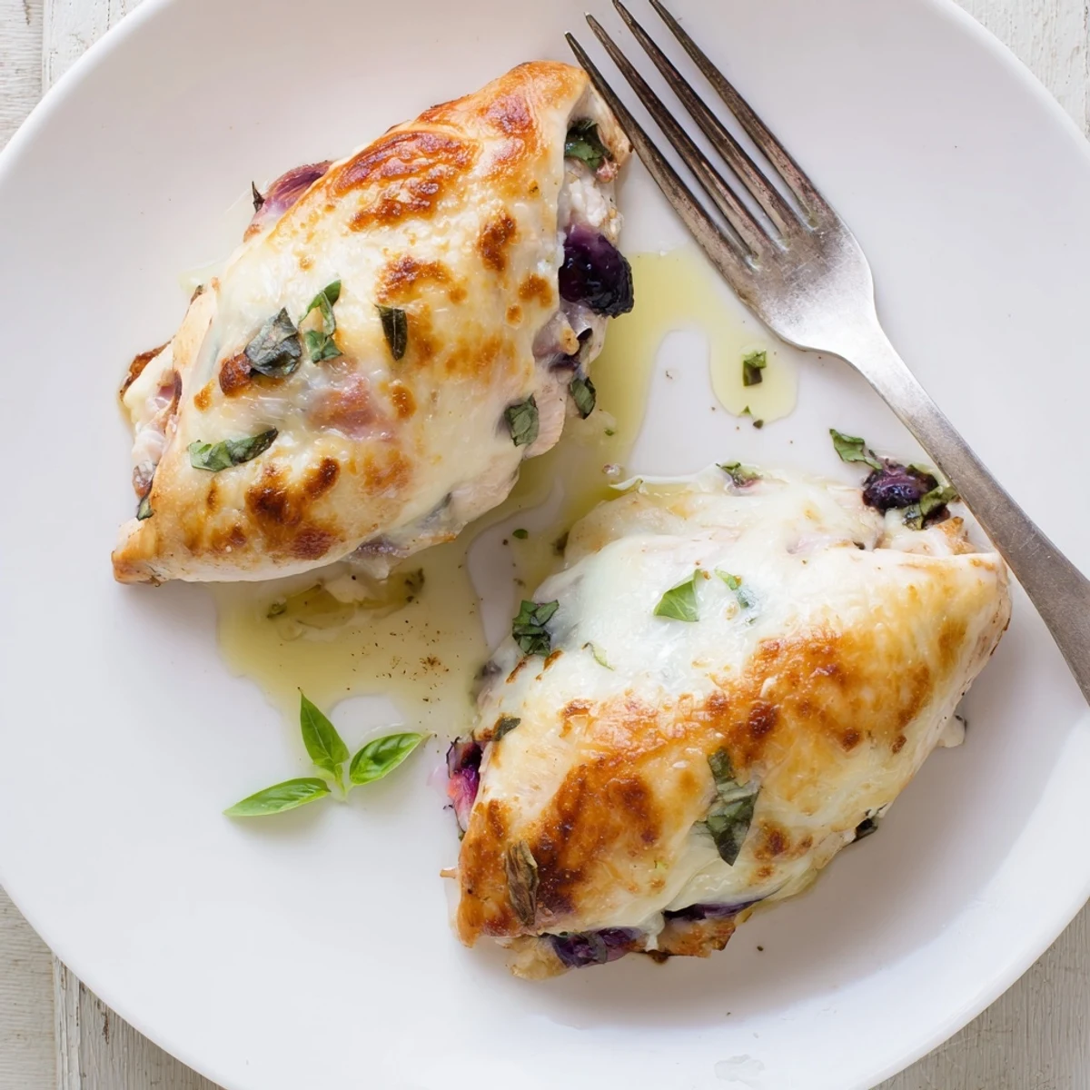 Juicy blackberry jalapeno stuffed chicken seared crispy and topped with bubbling mozzarella