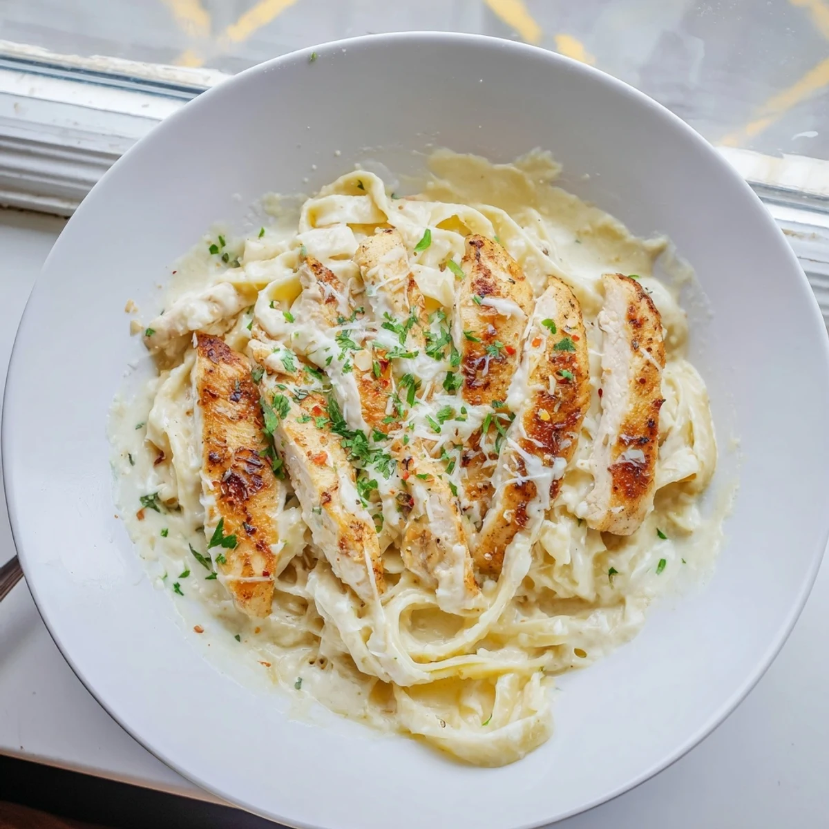 Creamy Garlic Parmesan Chicken Pasta topped with fresh parsley and extra Parmesan shavings