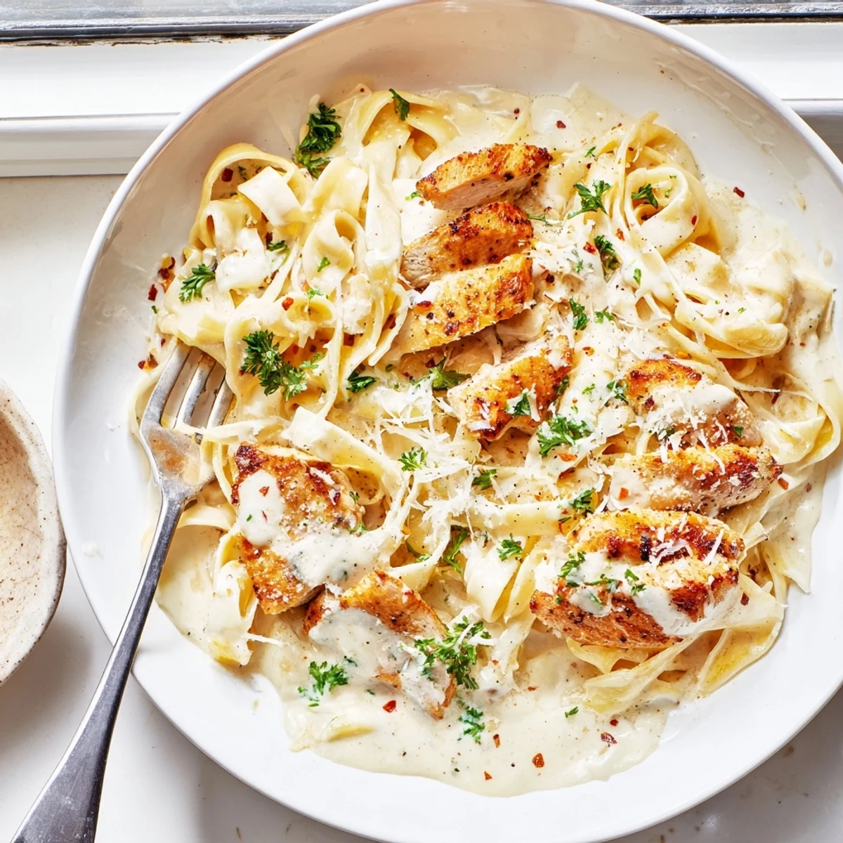 Golden seared chicken strips nestled in Creamy Garlic Parmesan Chicken Pasta with rich white sauce