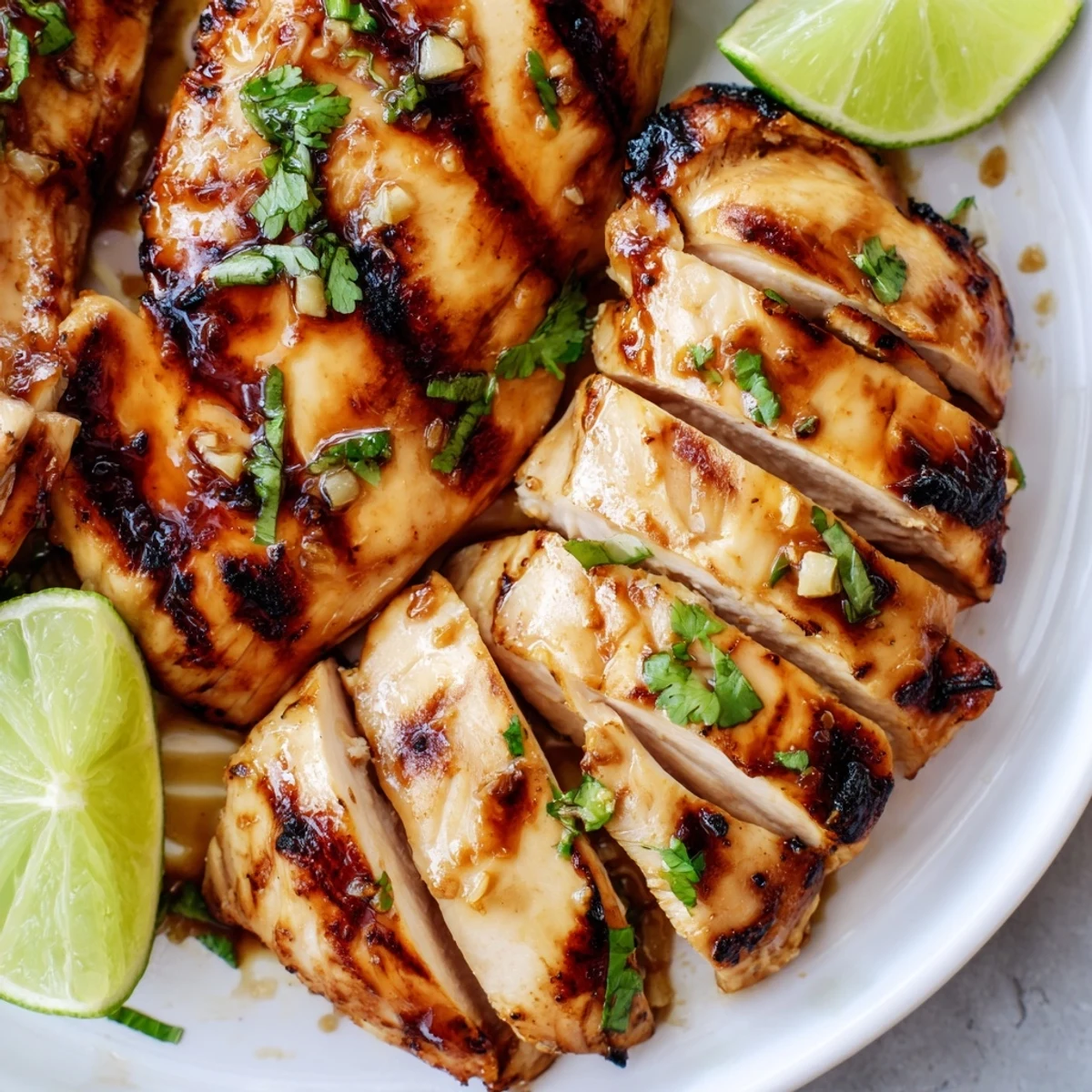 Golden grilled honey lime chicken garnished with fresh cilantro and lime wedges on a white plate