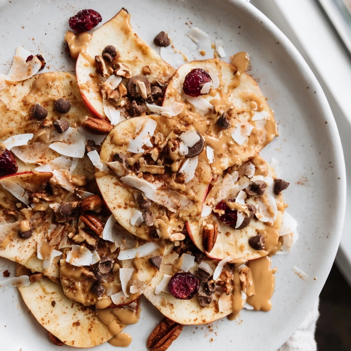 Crispy apple nachos with cinnamon tahini drizzle topped with coconut and chocolate chips