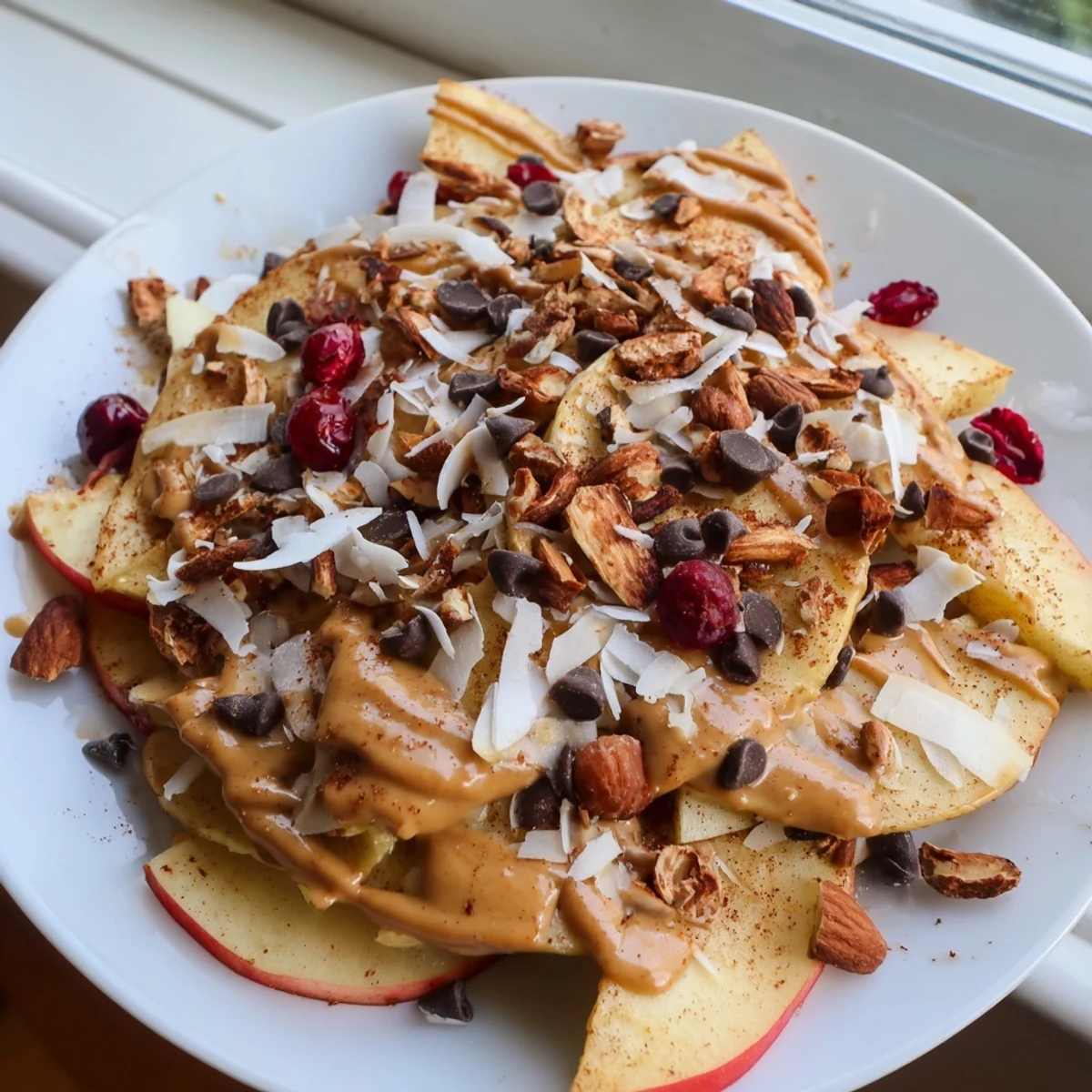 Golden apple slices layered with crunchy nuts and warm cinnamon tahini drizzle for snacking