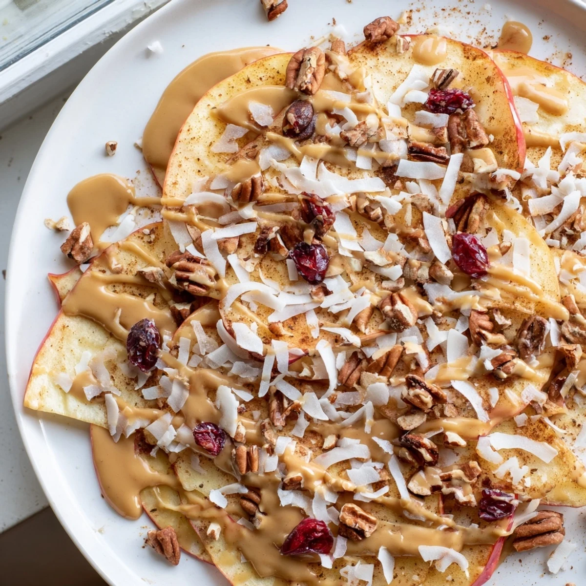 Crispy apple nachos drizzled with spiced tahini and finished with flaky sea salt